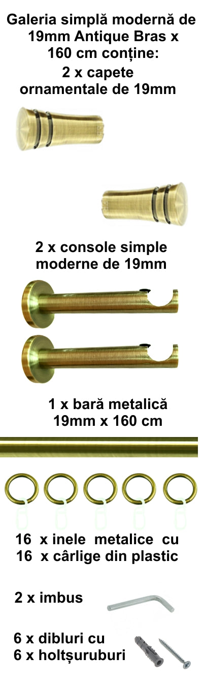 Galerie Metalică Paola, simplă, modernă, cu inele, 19mm, antique brass (auriu antic)