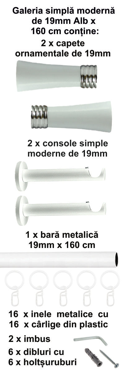 Galerie Metalică Ahile, simplă, modernă, cu inele, 19mm, Alb