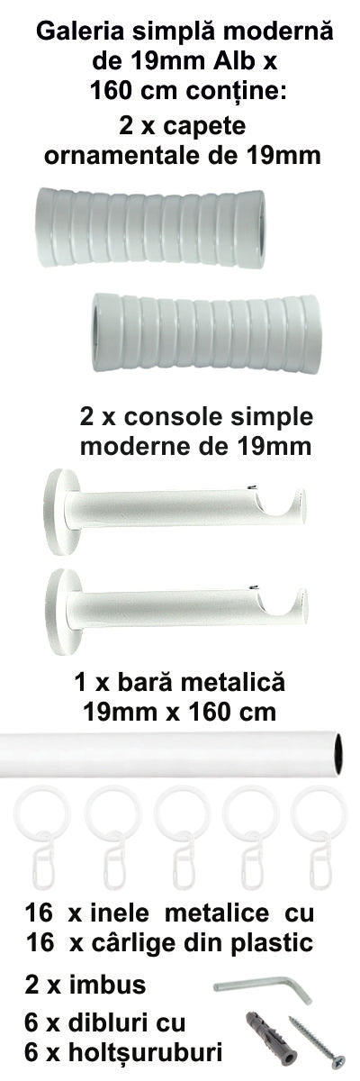Galerie Metalică Febris, simplă, modernă, cu inele, 19mm, Alb