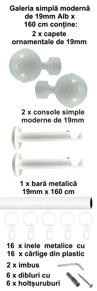 Galerie Metalică Kalisto, simplă, modernă, cu inele, 19mm, Alb