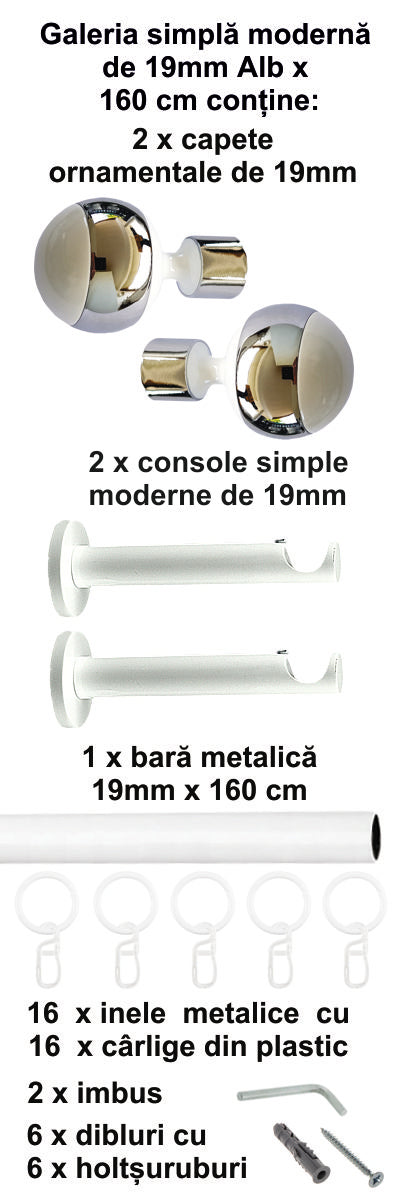 Galerie Metalică Mirror, simplă, modernă, cu inele, 19mm, Alb