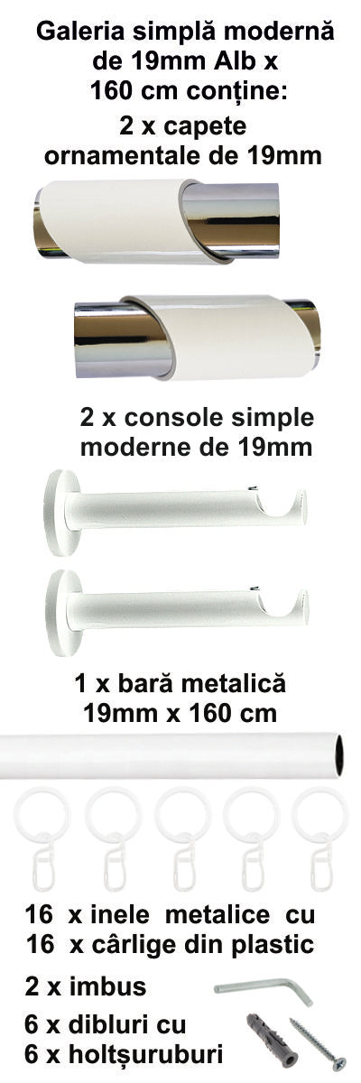 Galerie Metalică Paris, simplă, modernă, cu inele, 19mm, Alb