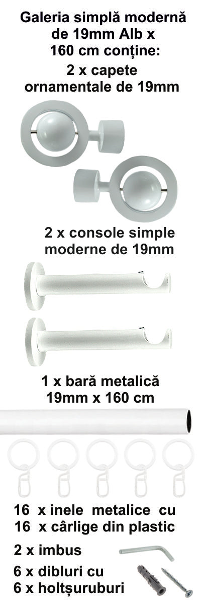 Galerie Metalică Seti, simplă, modernă, cu inele, 19mm, Alb