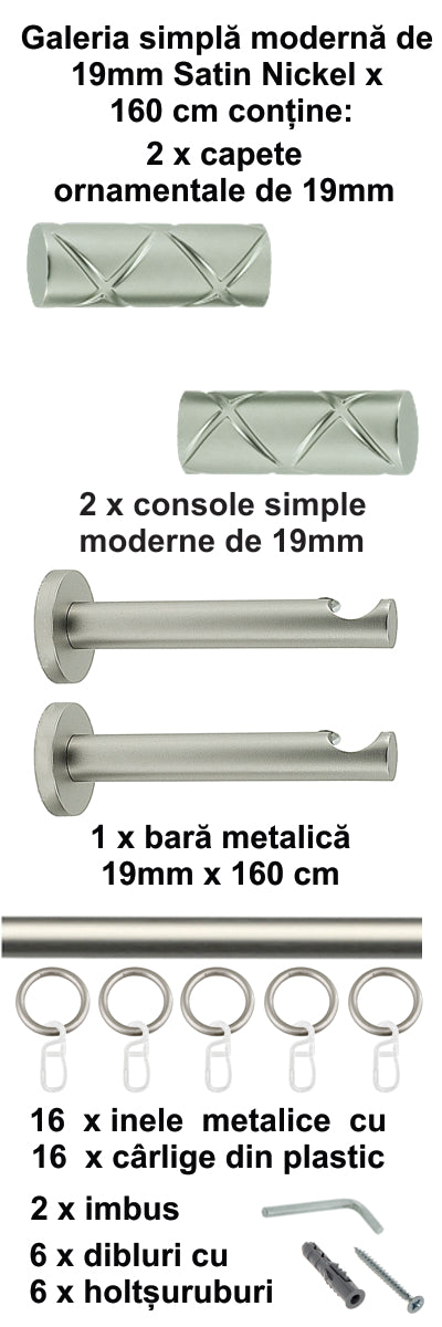 Galerie Metalică Ciel, simplă, modernă, cu inele, 19mm, satin nichel (argintiu mat)