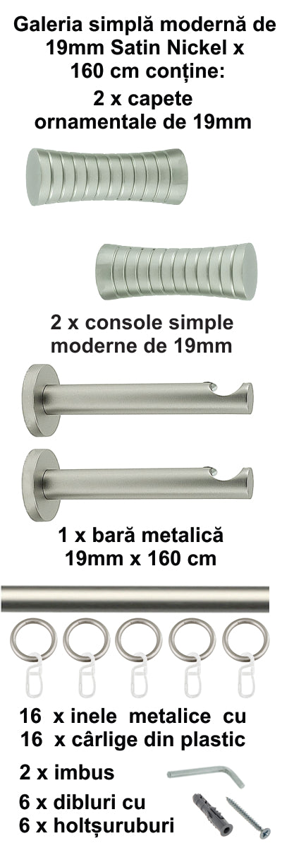 Galerie Metalică Febris, simplă, modernă, cu inele, 19mm, satin nichel (argintiu mat)