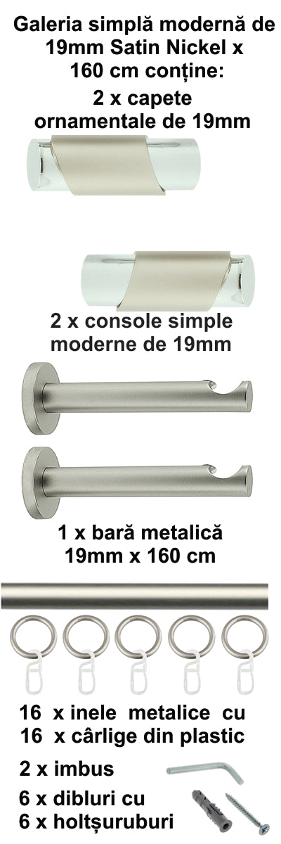 Galerie Metalică Paris, simplă, modernă, cu inele, 19mm, satin nichel (argintiu mat)