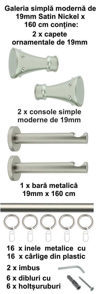 Galerie Metalică Sigma, simplă, modernă, cu inele, 19mm, satin nichel (argintiu mat)