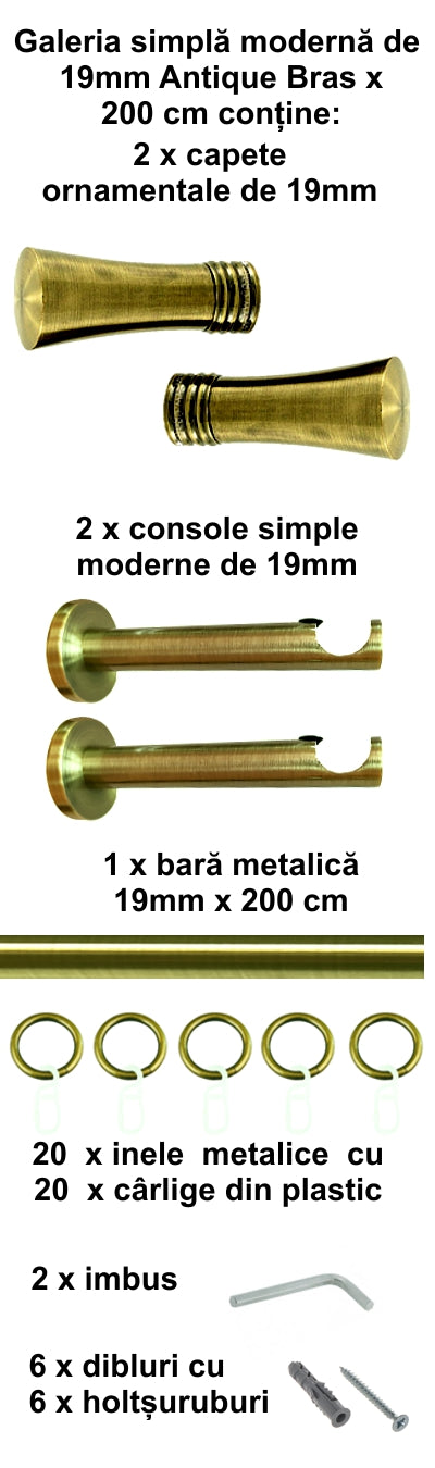 Galerie Metalică Ahile, simplă, modernă, cu inele, 19mm, antique brass (auriu antic)