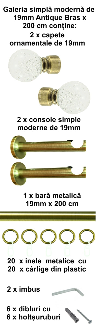 Galerie Metalică Buble, simplă, modernă, cu inele, 19mm, antique brass (auriu antic)