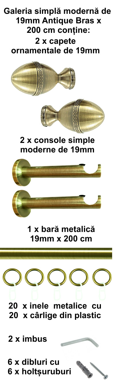 Galerie Metalică Cezar, simplă, modernă, cu inele, 19mm, antique brass (auriu antic)