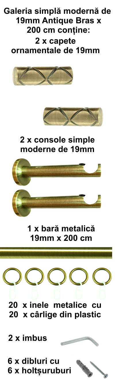 Galerie Metalică Ciel, simplă, modernă, cu inele, 19mm, antique brass (auriu antic)