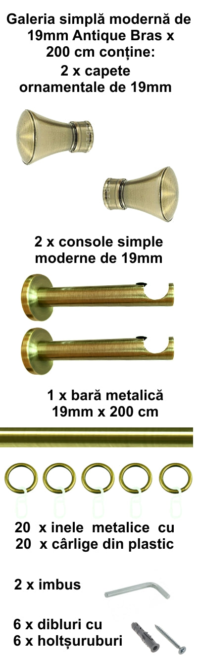 Galerie Metalică Conic, simplă, modernă, cu inele, 19mm, antique brass (auriu antic)