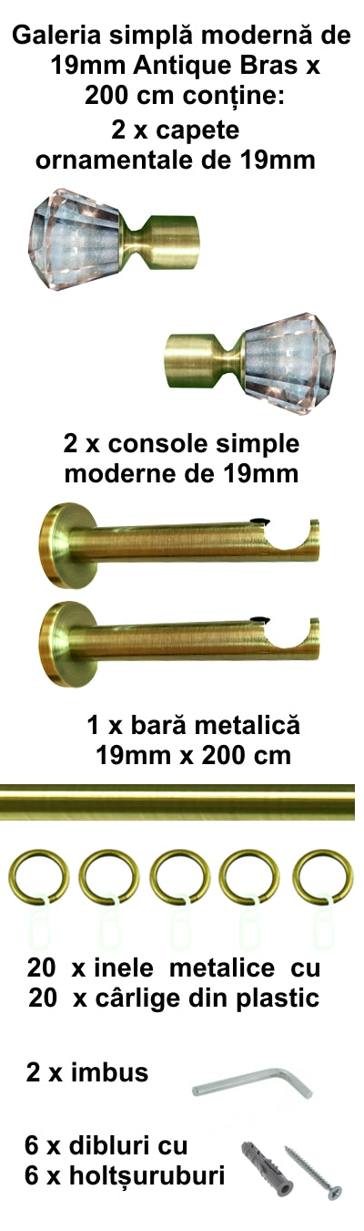 Galerie Metalică Cristal, simplă, modernă, cu inele, 19mm, antique brass (auriu antic)