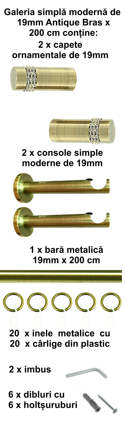 Galerie Metalică Dios, simplă, modernă, cu inele, 19mm, antique brass (auriu antic)
