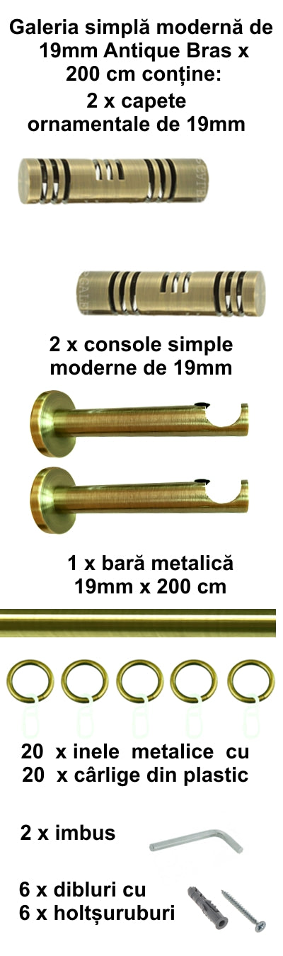 Galerie Metalică Elis, simplă, modernă, cu inele, 19mm, antique brass (auriu antic)
