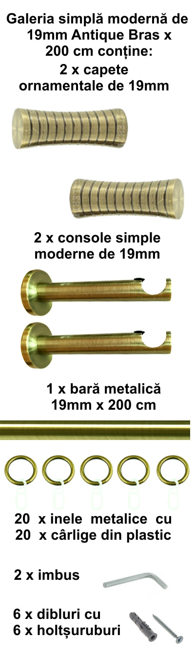 Galerie Metalică Febris, simplă, modernă, cu inele, 19mm, antique brass (auriu antic)