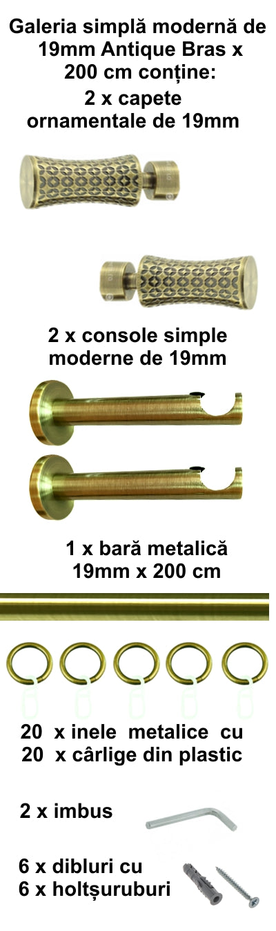 Galerie Metalică Jaris, simplă, modernă, cu inele, 19mm, antique brass (auriu antic)