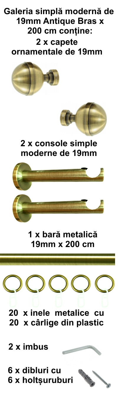 Galerie Metalică Kalisto, simplă, modernă, cu inele, 19mm, antique brass (auriu antic)