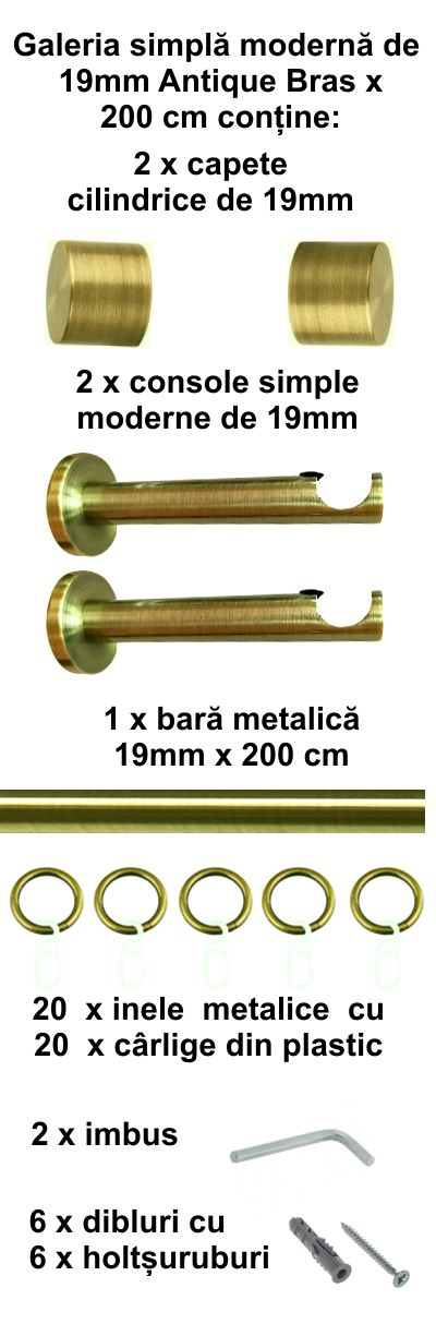 Galerie Metalică Luna, simplă, modernă, cu inele, 19mm, antique brass (auriu antic)