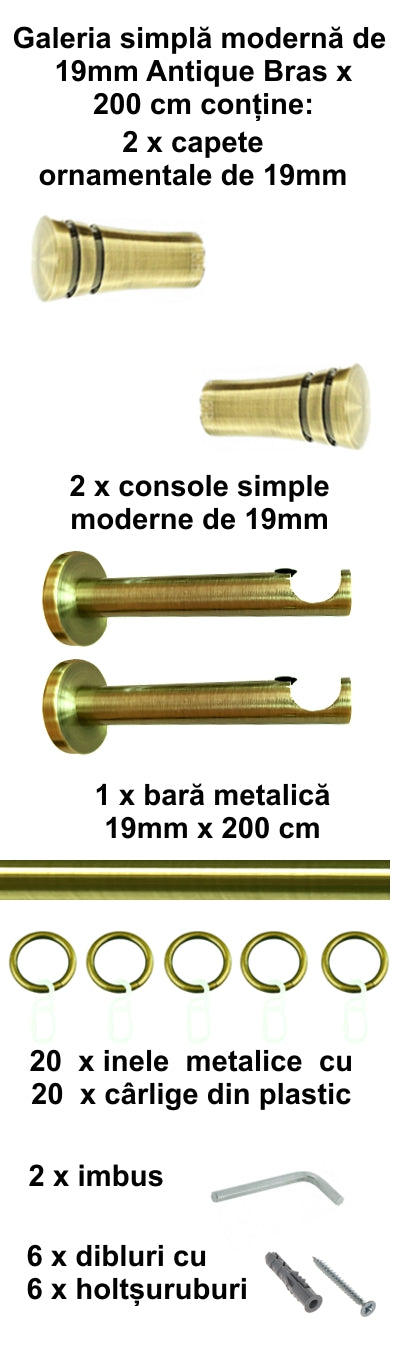 Galerie Metalică Paola, simplă, modernă, cu inele, 19mm, antique brass (auriu antic)