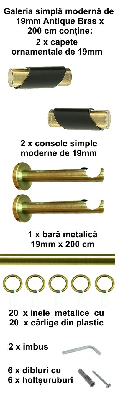 Galerie Metalică Paris, simplă, modernă, cu inele, 19mm, antique brass (auriu antic)