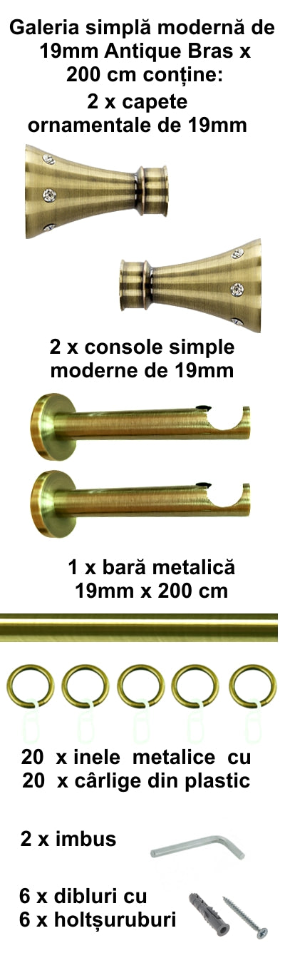 Galerie Metalică Sigma, simplă, modernă, cu inele, 19mm, antique brass (auriu antic)
