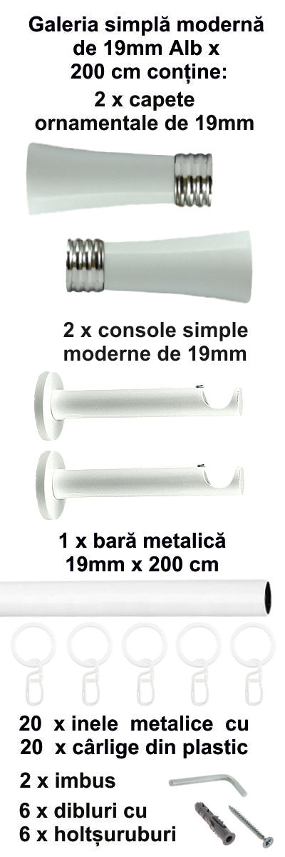 Galerie Metalică Ahile, simplă, modernă, cu inele, 19mm, Alb