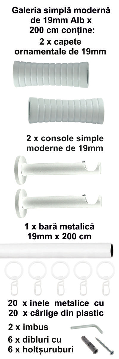 Galerie Metalică Febris, simplă, modernă, cu inele, 19mm, Alb