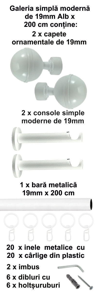 Galerie Metalică Kalisto, simplă, modernă, cu inele, 19mm, Alb