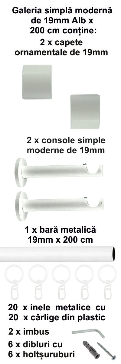 Galerie Metalică Luna, simplă, modernă, cu inele, 19mm, Alb