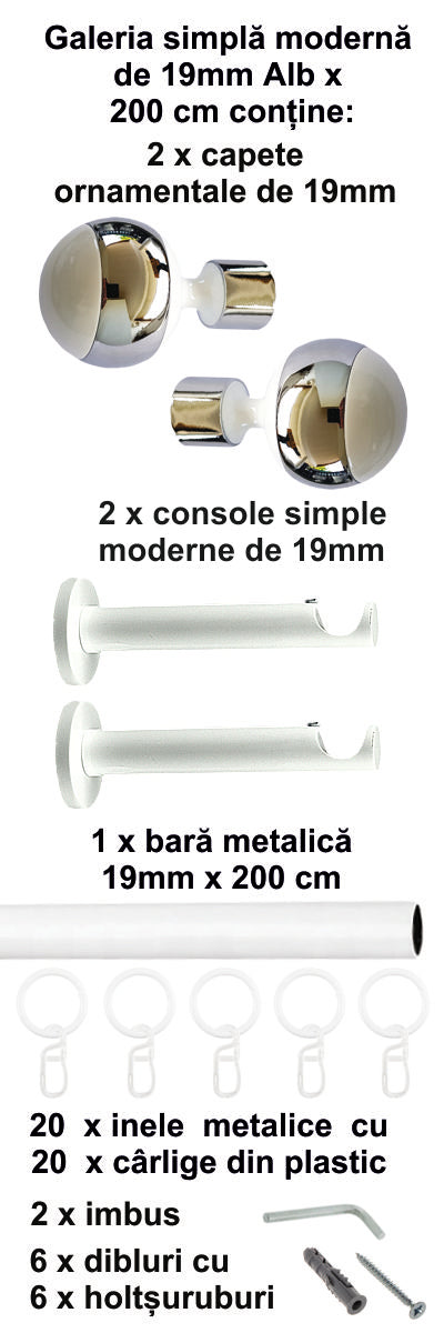 Galerie Metalică Mirror, simplă, modernă, cu inele, 19mm, Alb