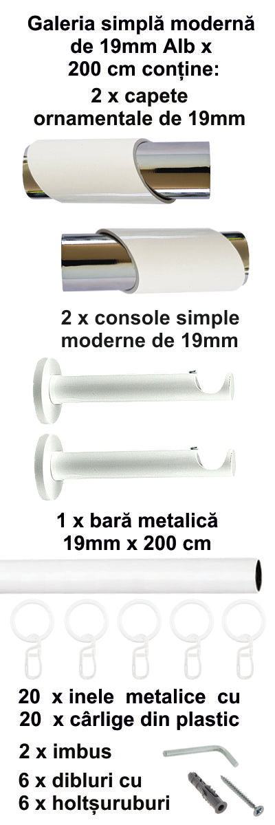 Galerie Metalică Paris, simplă, modernă, cu inele, 19mm, Alb