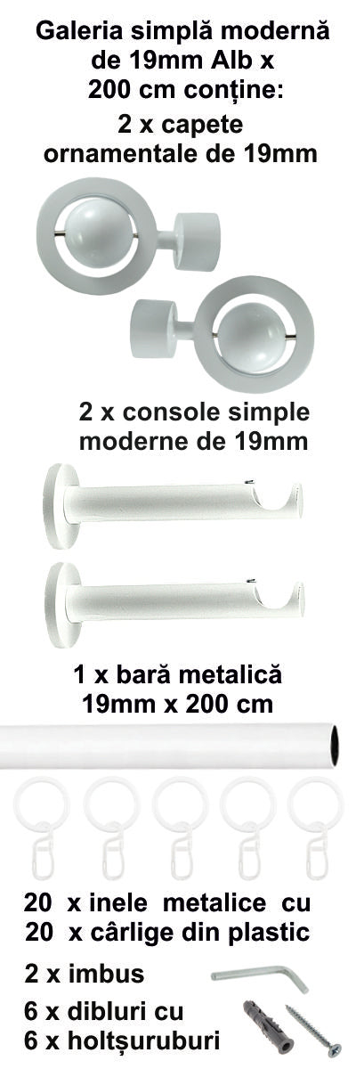 Galerie Metalică Seti, simplă, modernă, cu inele, 19mm, Alb
