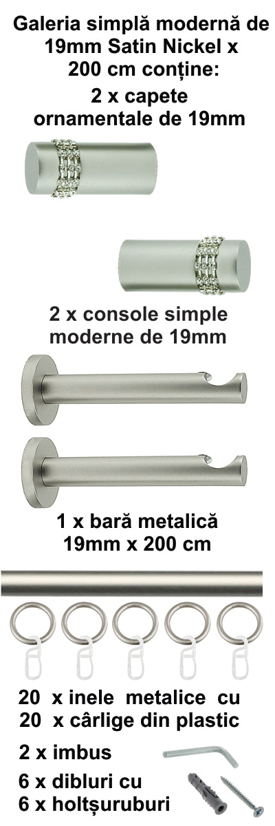Galerie Metalică Dios, simplă, modernă, cu inele, 19mm, satin nichel (argintiu mat)