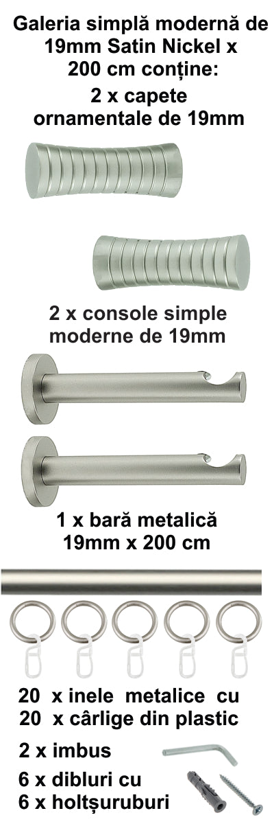 Galerie Metalică Febris, simplă, modernă, cu inele, 19mm, satin nichel (argintiu mat)