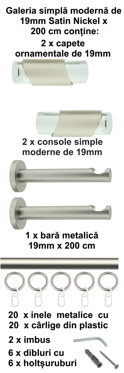 Galerie Metalică Paris, simplă, modernă, cu inele, 19mm, satin nichel (argintiu mat)