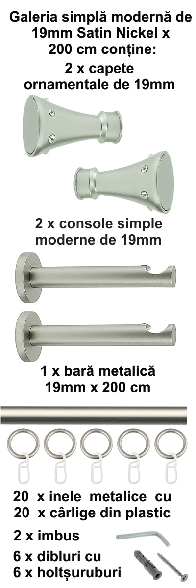Galerie Metalică Sigma, simplă, modernă, cu inele, 19mm, satin nichel (argintiu mat)