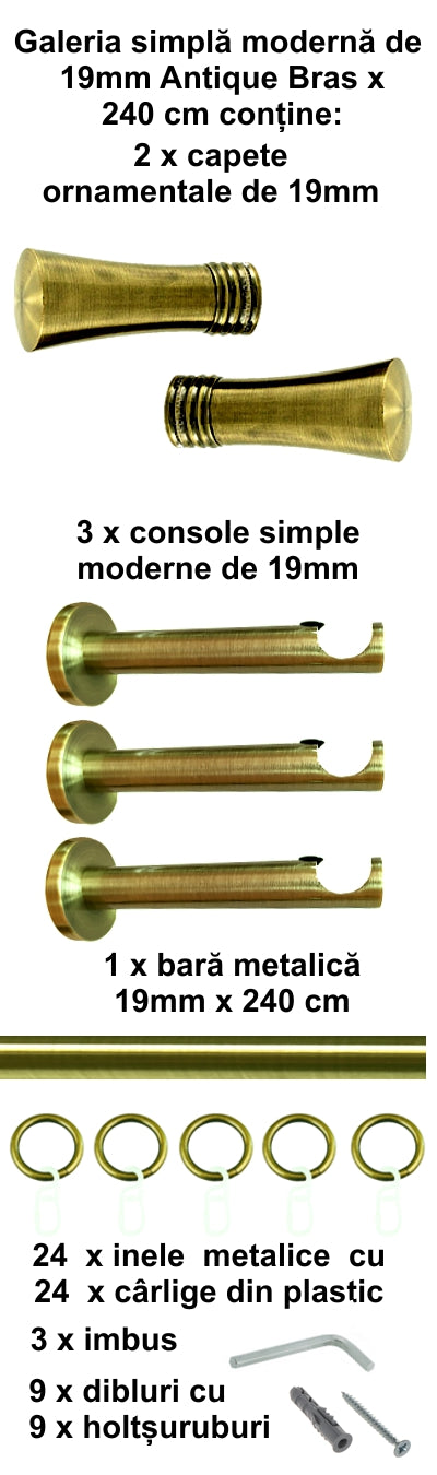 Galerie Metalică Ahile, simplă, modernă, cu inele, 19mm, antique brass (auriu antic)