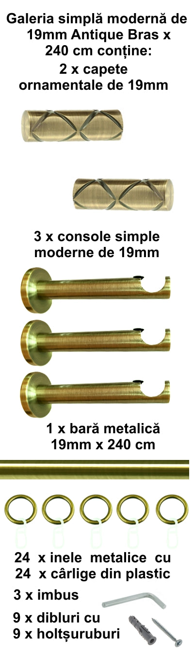 Galerie Metalică Ciel, simplă, modernă, cu inele, 19mm, antique brass (auriu antic)