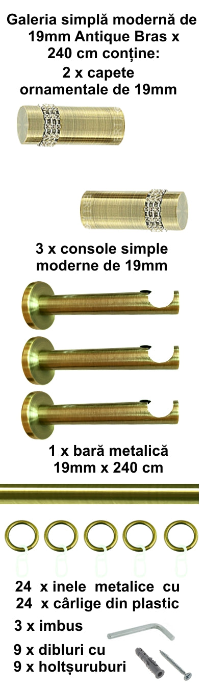 Galerie Metalică Dios, simplă, modernă, cu inele, 19mm, antique brass (auriu antic)