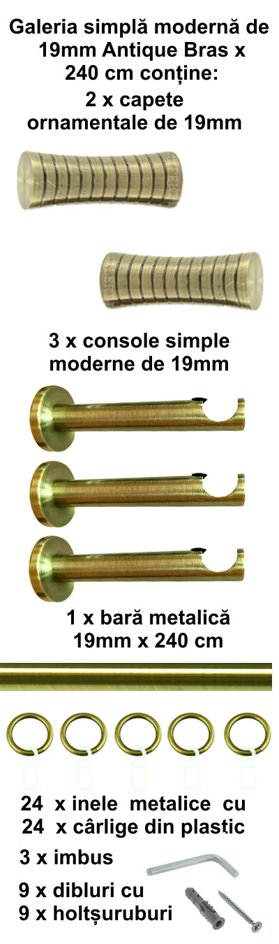 Galerie Metalică Febris, simplă, modernă, cu inele, 19mm, antique brass (auriu antic)