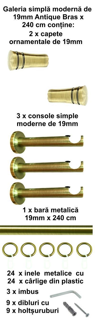 Galerie Metalică Paola, simplă, modernă, cu inele, 19mm, antique brass (auriu antic)