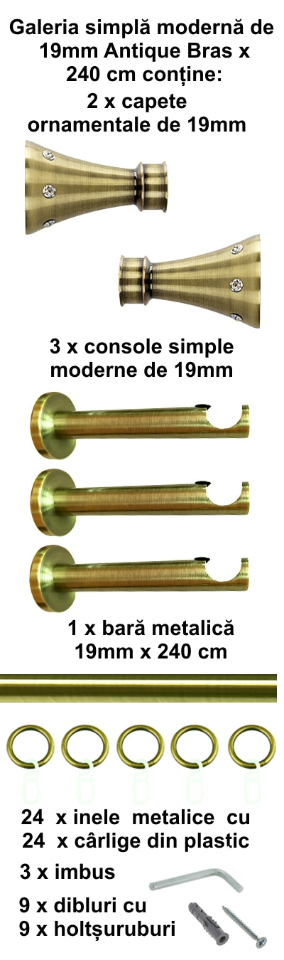 Galerie Metalică Sigma, simplă, modernă, cu inele, 19mm, antique brass (auriu antic)