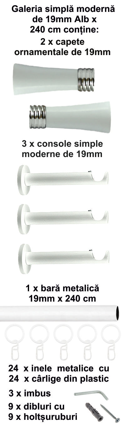 Galerie Metalică Ahile, simplă, modernă, cu inele, 19mm, Alb