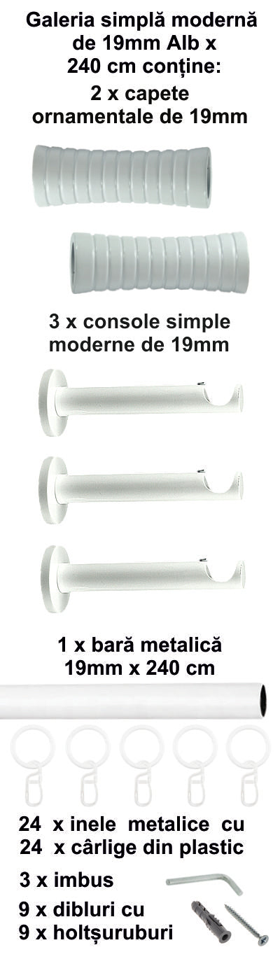 Galerie Metalică Febris, simplă, modernă, cu inele, 19mm, Alb