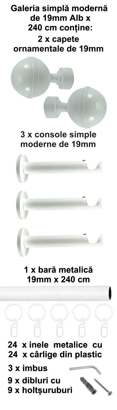 Galerie Metalică Kalisto, simplă, modernă, cu inele, 19mm, Alb