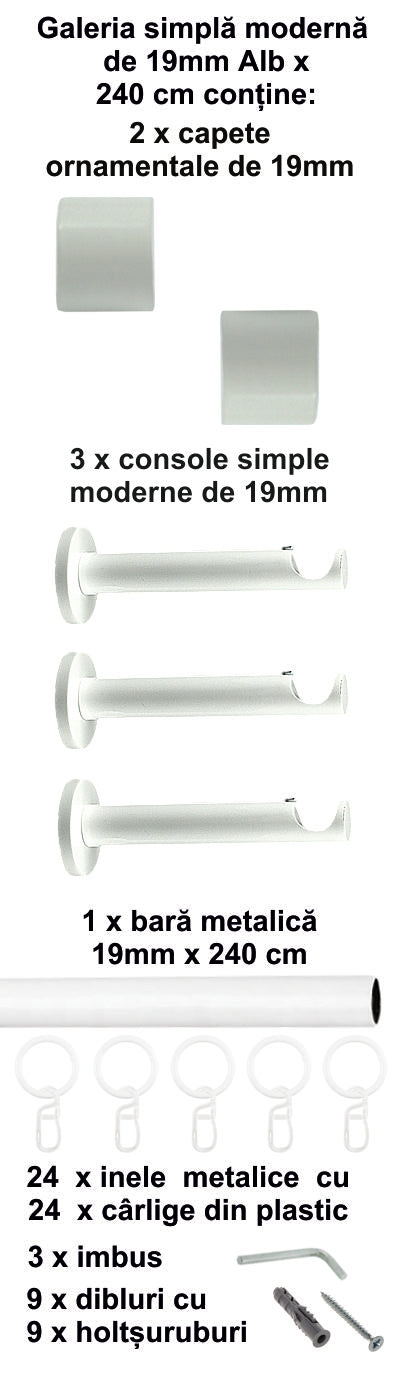 Galerie Metalică Luna, simplă, modernă, cu inele, 19mm, Alb