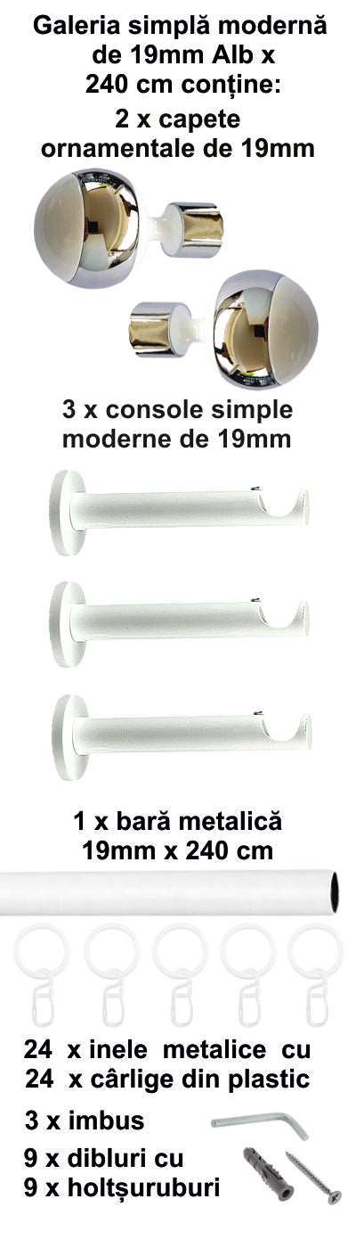 Galerie Metalică Mirror, simplă, modernă, cu inele, 19mm, Alb