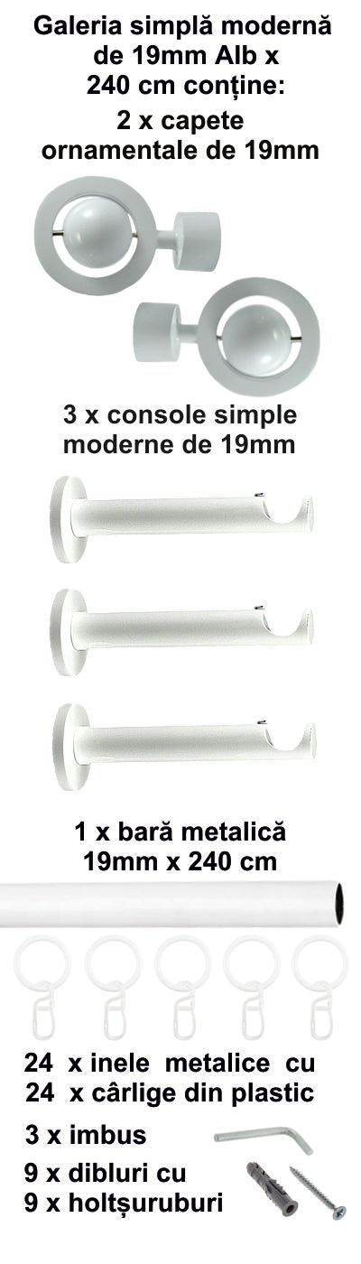 Galerie Metalică Seti, simplă, modernă, cu inele, 19mm, Alb
