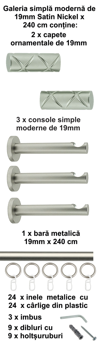 Galerie Metalică Ciel, simplă, modernă, cu inele, 19mm, satin nichel (argintiu mat)